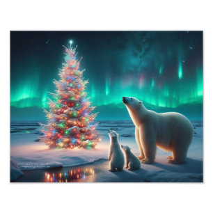 Polar Beer Mom Cubs Kerstboom Aurora Borealis Foto Afdruk