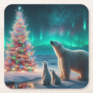 Polar Beer Mom Cubs Kerstboom Aurora Borealis Kartonnen Onderzetters