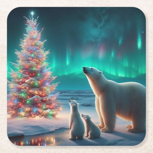 Polar Beer Mom Cubs Kerstboom Aurora Borealis Kartonnen Onderzetters (Voorkant)