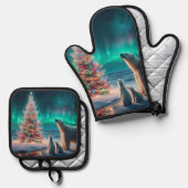 Polar Beer Mom Cubs Kerstboom Aurora Borealis Ovenwant & Pannenlap Set (Voorkant / Achterkant)