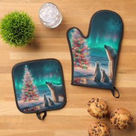 Polar Beer Mom Cubs Kerstboom Aurora Borealis Ovenwant & Pannenlap Set