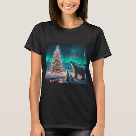 Polar Beer Mom Cubs Kerstboom Aurora Borealis T-shirt (Voorkant)