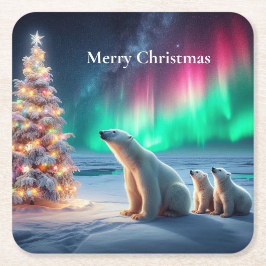 Polar Beer Mom Cubs Kerstboom Noorderlicht Kartonnen Onderzetters (Voorkant)