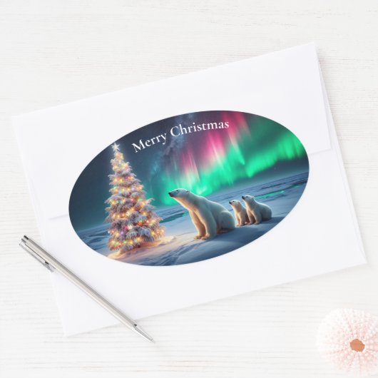 Polar Beer Mom Cubs Kerstboom Noorderlicht Ovale Sticker (Envelop)