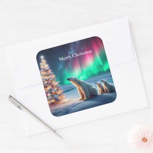 Polar Beer Mom Cubs Kerstboom Noorderlicht Vierkante Sticker (Envelop)