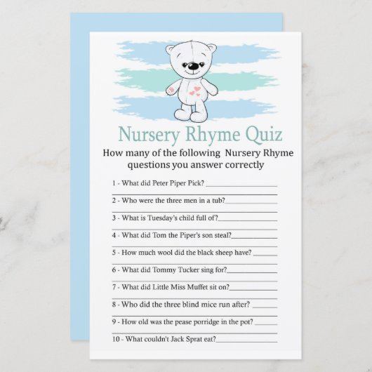 Polar beer Nursery Rhyme Quiz baby shower game (Voorkant / Achterkant)