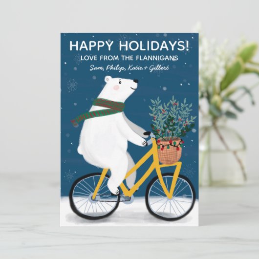 Polar Beer op fiets handgemaakte Schattigee kerst Feestdagenkaart (Staand voorkant)