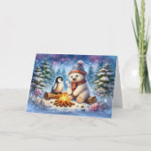 Polar Beer & Penguin Kampvuur Christelijke Kerst Feestdagen Kaart (Voorkant)