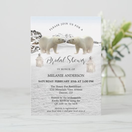 Polar Beer QR Code Winter Bridal Shower Uitnodigin Kaart (Staand voorkant)