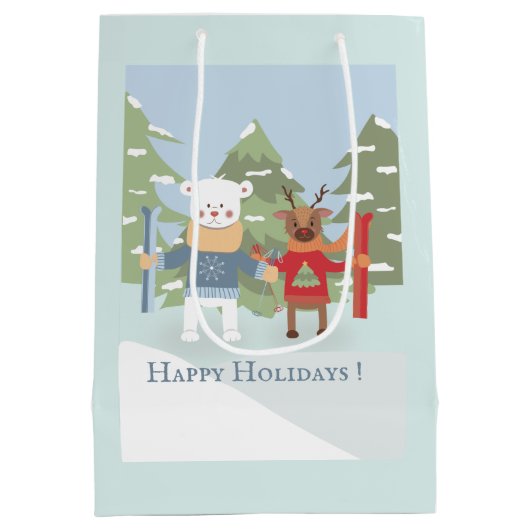 Polar Beer Reindeer Friends Holiday Blue Gift Bag Medium Cadeauzakje (Achterkant)