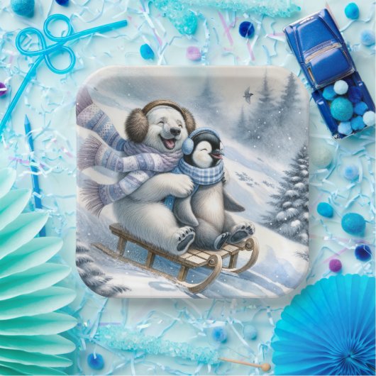 Polar Beer Sledding met een pinguïn Papieren Bordje (Feest)