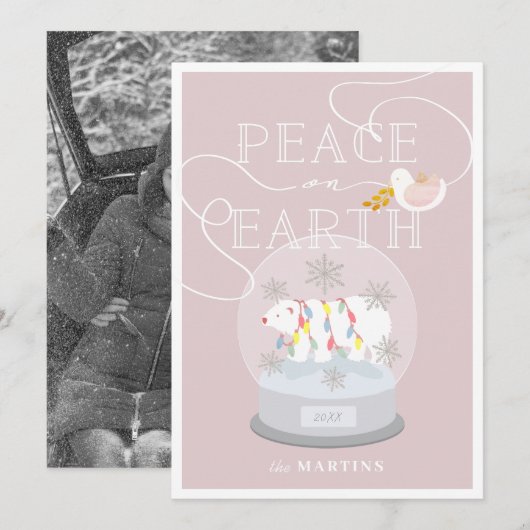 Polar Beer Sneeuw Wereldbol Roze Kerstfoto Kaart (Voorkant / Achterkant)