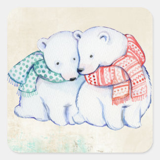 POLAR BEER STICKERS. SCHATTIGEE POLAR BEREN KNUFFE VIERKANTE STICKER