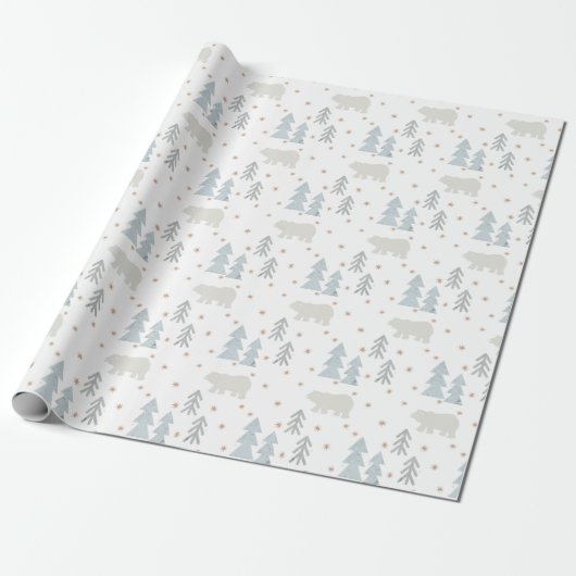 Polar Beer Tree Star Pattern White Wrapping Paper Cadeaupapier (Uitgerold)