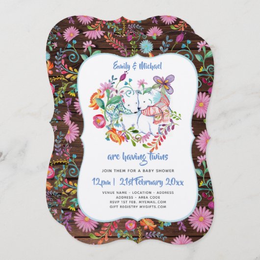 Polar Beer TWINS Baby shower nodigt folk Flowers u Kaart (Voorkant / Achterkant)