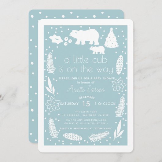 Polar Beer Vakantie Blauw Baby shower Uitnodiging (Voorkant / Achterkant)