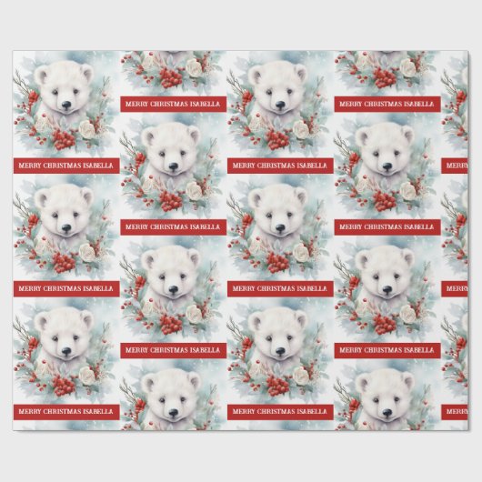 Polar Beer Voeg kindernaam Schattige kerstcadeau Cadeaupapier (Vlak)