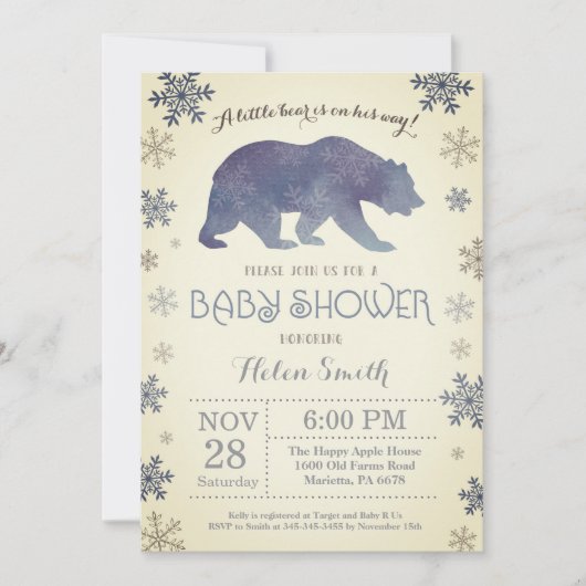 Polar Beer Winter Blue Boy Baby shower Snowflake Kaart (Voorkant)