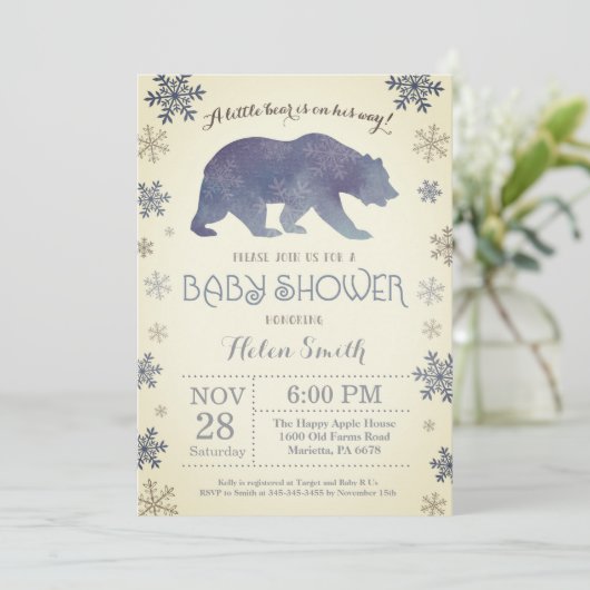 Polar Beer Winter Blue Boy Baby shower Snowflake Kaart (Staand voorkant)