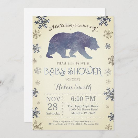 Polar Beer Winter Blue Boy Baby shower Snowflake Kaart (Voorkant / Achterkant)