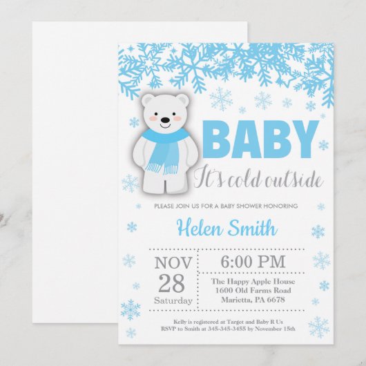 Polar Beer Winter Blue Boy Baby shower Snowflake Kaart (Voorkant / Achterkant)