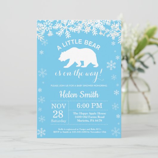 Polar Beer Winter Blue Boy Baby shower Snowflake Kaart (Staand voorkant)