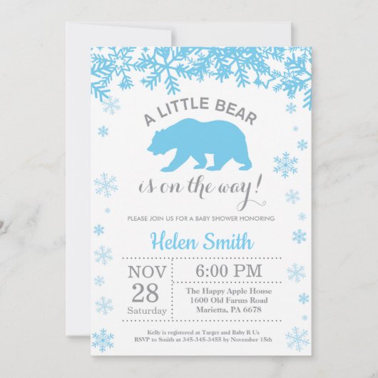 Polar Beer Winter Blue Boy Baby shower Snowflake Kaart (Voorkant)