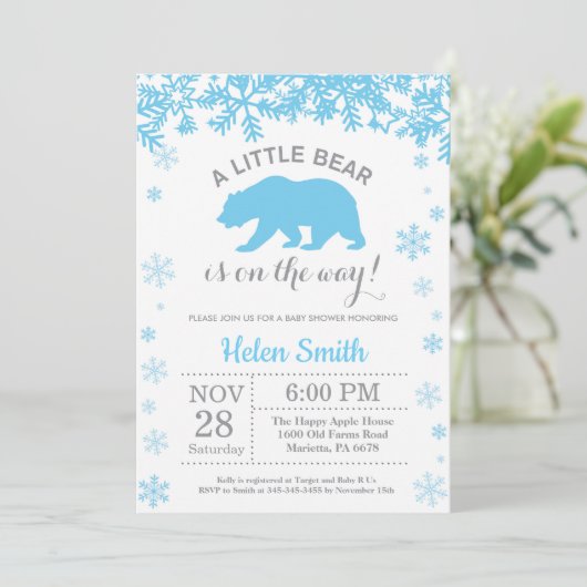 Polar Beer Winter Blue Boy Baby shower Snowflake Kaart (Staand voorkant)