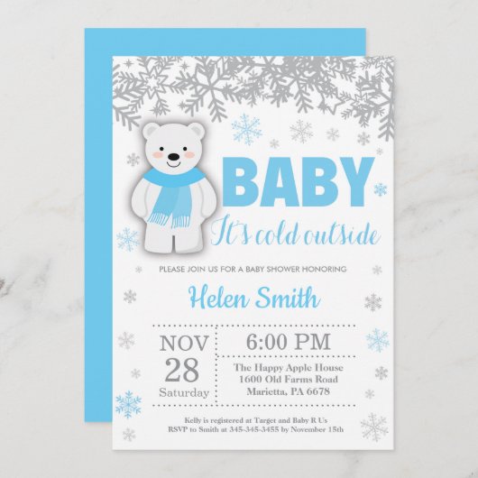 Polar Beer Winter Blue Boy Baby shower Snowflake Kaart (Voorkant / Achterkant)