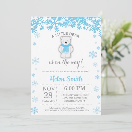 Polar Beer Winter Blue Boy Baby shower Snowflake Kaart (Staand voorkant)