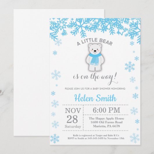 Polar Beer Winter Blue Boy Baby shower Snowflake Kaart (Voorkant / Achterkant)
