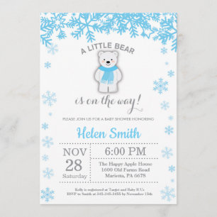 Polar Beer Winter Blue Boy Baby shower Snowflake Kaart