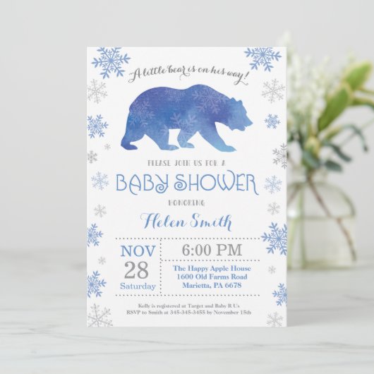 Polar Beer Winter Blue Boy Baby shower Snowflake Kaart (Staand voorkant)