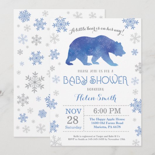 Polar Beer Winter Blue Boy Baby shower Snowflake Kaart (Voorkant / Achterkant)