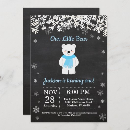 Polar Beer Winter Boy Birthday Uitnodiging (Voorkant / Achterkant)