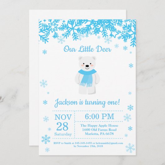 Polar Beer Winter Boy Verjaardagsuitnodiging Kaart (Voorkant / Achterkant)