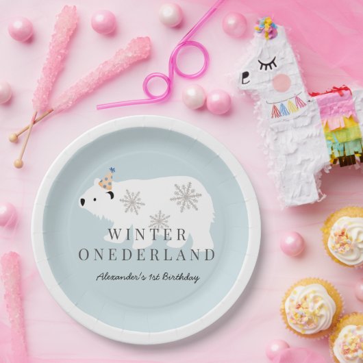Polar Beer Winter Onederland Blue Birthday Papieren Bordje (Feest)