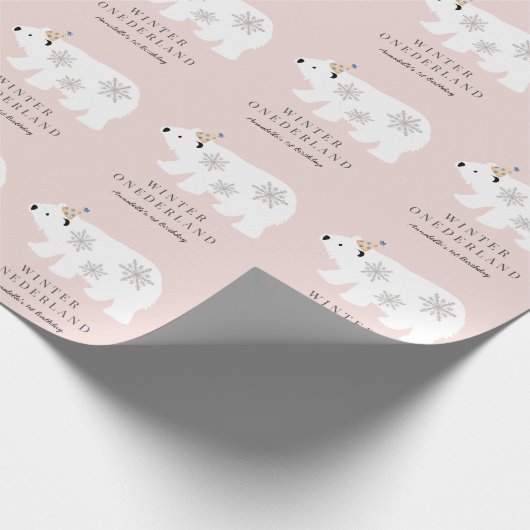 Polar Beer Winter Onederland Roze 1ste verjaardag Cadeaupapier (Hoek)
