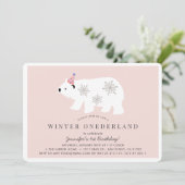 Polar Beer Winter Onederland Roze 1ste verjaardag Kaart (Staand voorkant)