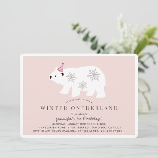 Polar Beer Winter Onederland Roze 1ste verjaardag Kaart (Staand voorkant)