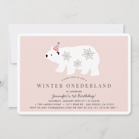 Polar Beer Winter Onederland Roze 1ste verjaardag Kaart (Voorkant)