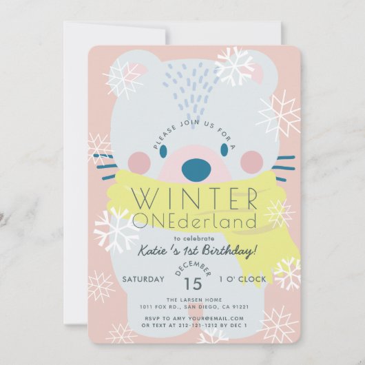 Polar Beer Winter Onederland Roze 1ste verjaardag Kaart (Voorkant)