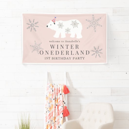 Polar Beer Winter Onederland Roze 1ste verjaardag Spandoek (Insitu)