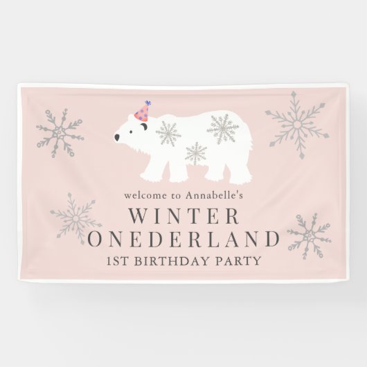 Polar Beer Winter Onederland Roze 1ste verjaardag Spandoek (Horizontaal)