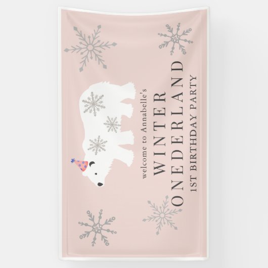 Polar Beer Winter Onederland Roze 1ste verjaardag Spandoek (Verticaal)