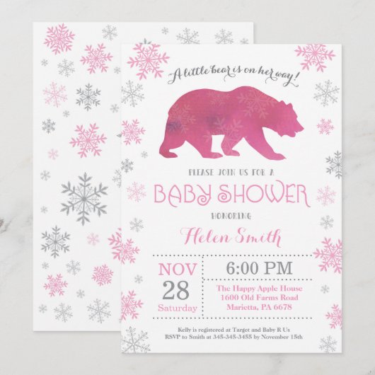 Polar Beer Winter Pink Girl Baby shower Snowflake Kaart (Voorkant / Achterkant)
