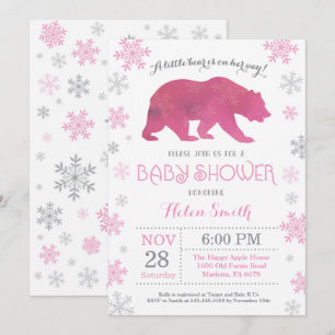 Polar Beer Winter Pink Girl Baby shower Snowflake Kaart