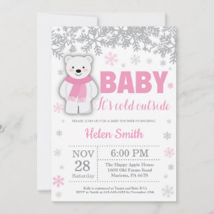 Polar Beer Winter Pink Girl Baby shower Snowflake Kaart
