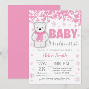 Polar Beer Winter Pink Girl Baby shower Snowflake Kaart