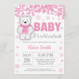 Polar Beer Winter Pink Girl Baby shower Snowflake Kaart